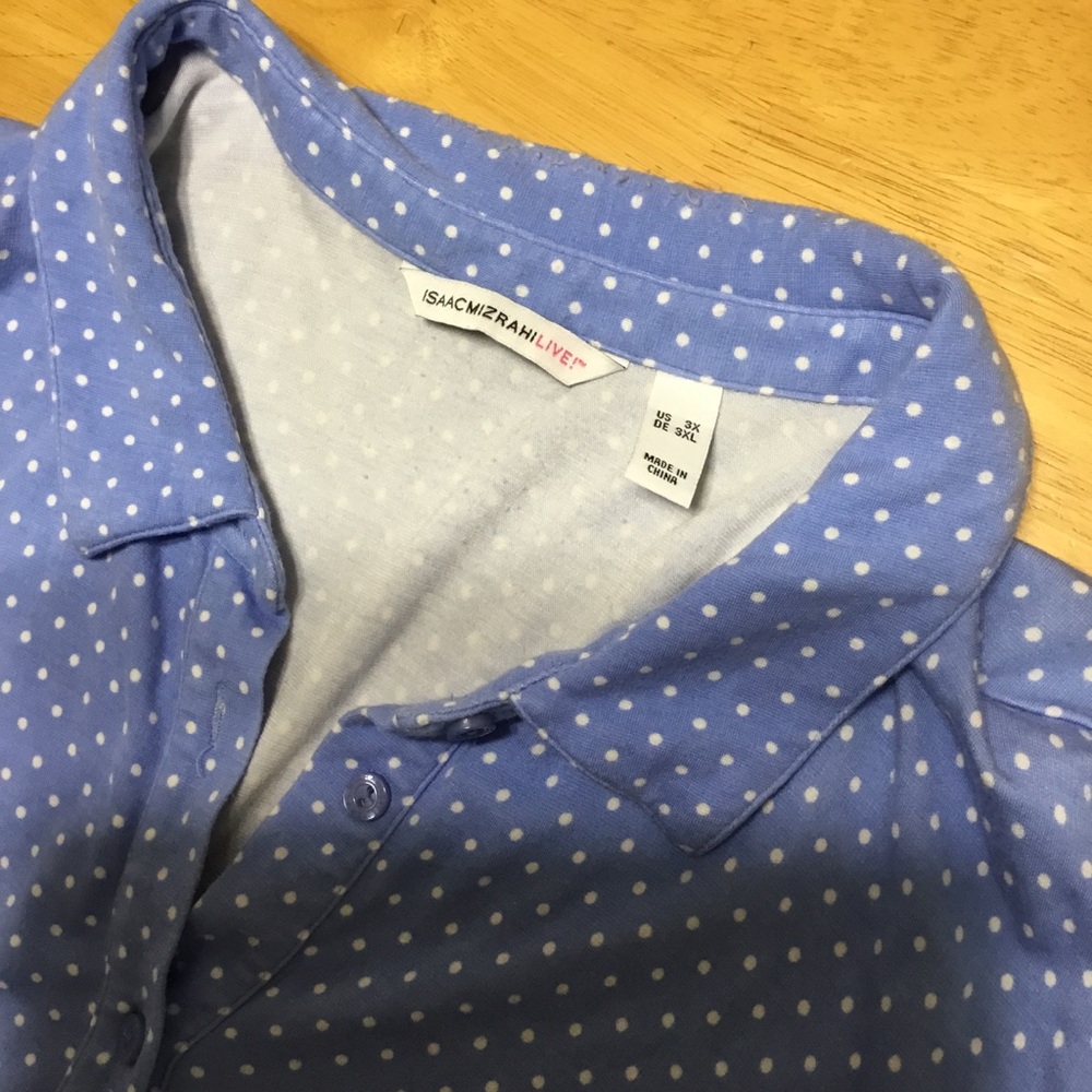 ISAACMIZRAHILIVE! Collared Button-Down Blue White Polka Dot Top - Picture 2 of 5
